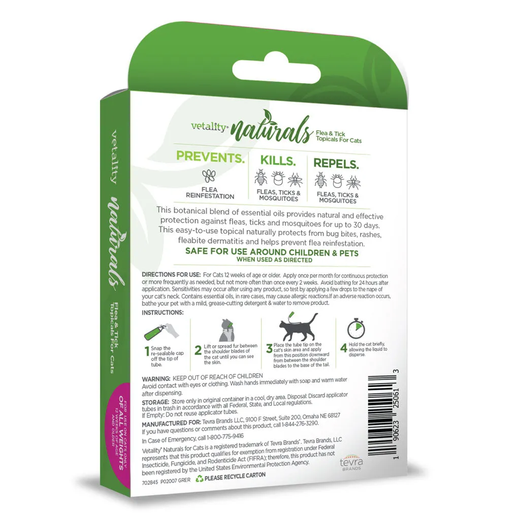 TevraPet Vetality Naturals Flea & Tick Topical for Cats of All Weights, 3 dose