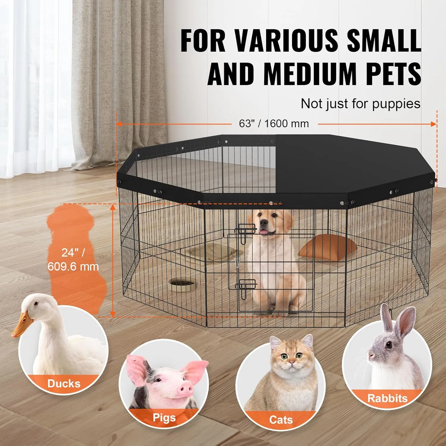 VEVOR Foldable Metal Dog Exercise Pen, Pet Puppy Playpen Yard Fence with Top Cover & Door, Indoor Outdoor 8 Panels 24" W x 24" H Dogs Crate Kennel with Ground Stakes for Small & Medium Dogs