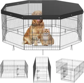 VEVOR Foldable Metal Dog Exercise Pen, Pet Puppy Playpen Yard Fence with Top Cover & Door, Indoor Outdoor 8 Panels 24" W x 24" H Dogs Crate Kennel with Ground Stakes for Small & Medium Dogs