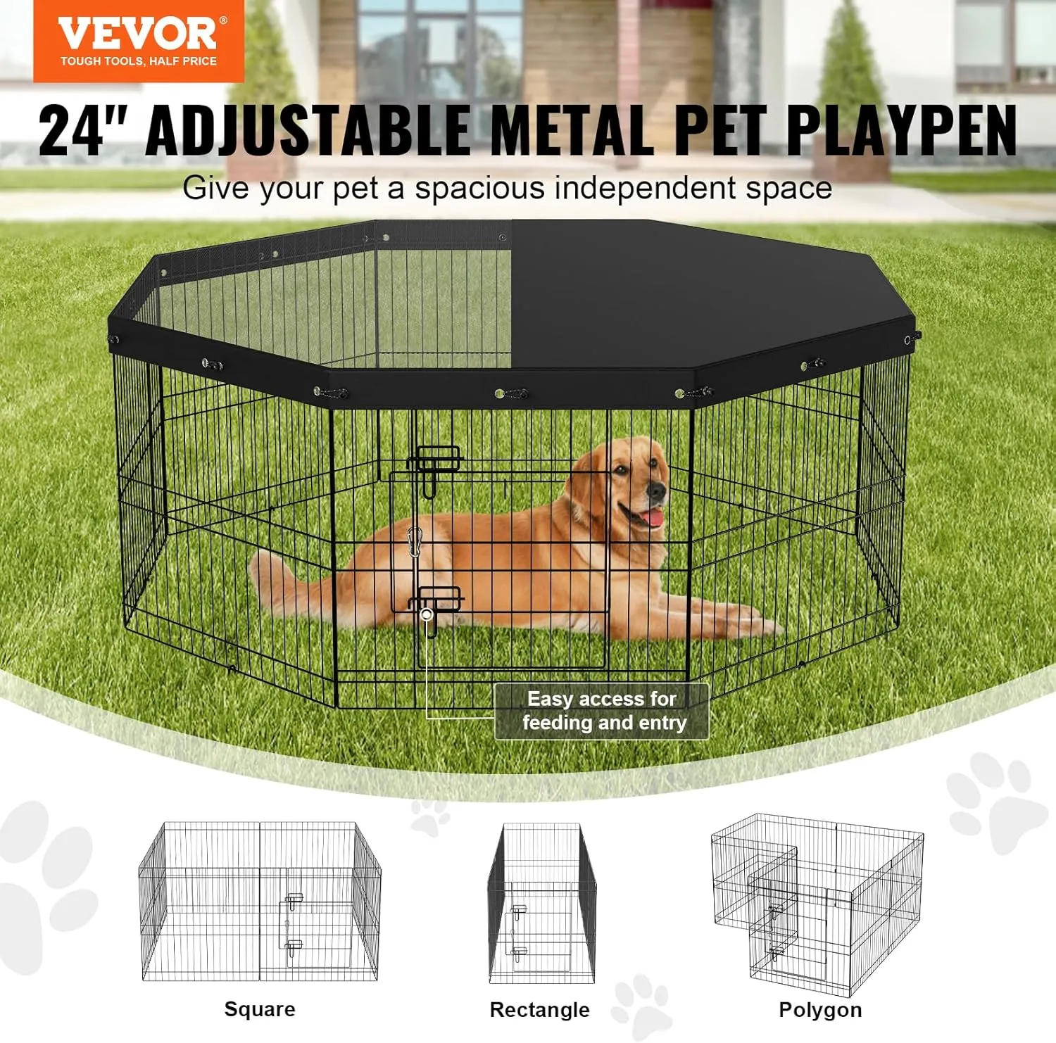 VEVOR Foldable Metal Dog Exercise Pen, Pet Puppy Playpen Yard Fence with Top Cover & Door, Indoor Outdoor 8 Panels 24" W x 24" H Dogs Crate Kennel with Ground Stakes for Small & Medium Dogs