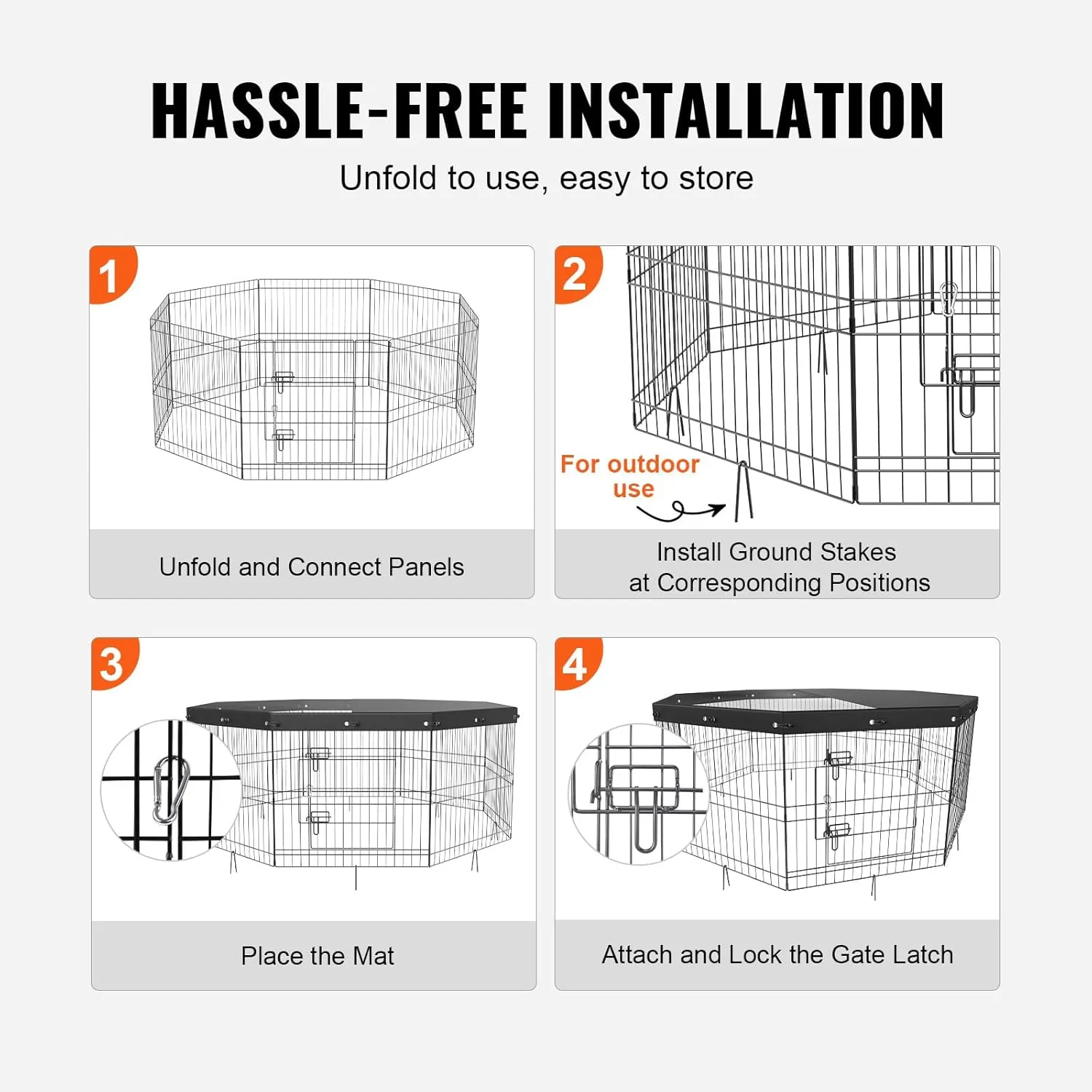 VEVOR Foldable Metal Dog Exercise Pen, Pet Puppy Playpen Yard Fence with Top Cover & Door, Indoor Outdoor 8 Panels 24" W x 24" H Dogs Crate Kennel with Ground Stakes for Small & Medium Dogs